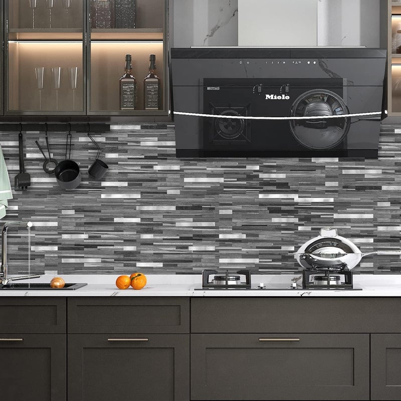 DICOFUN Peel and Stick Backsplash Tiles, Black & Grey Wood Look PVC Mixed Metal Stick on Backsplash Tiles, 1 Sheet - Image 5